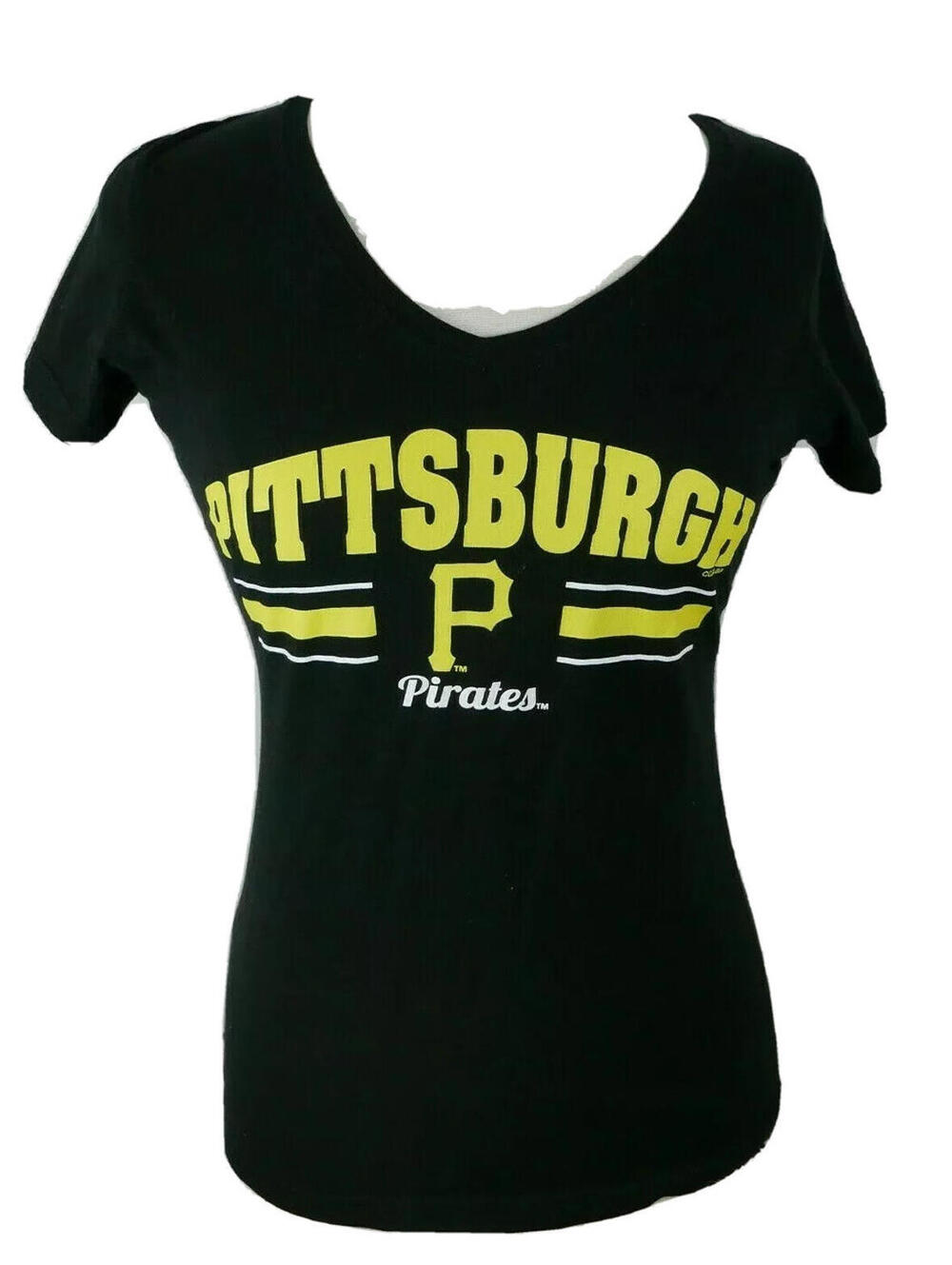 MLB Pittsburgh Pirates Womens V Neck Black T Shirt Genuine Merchandise Small